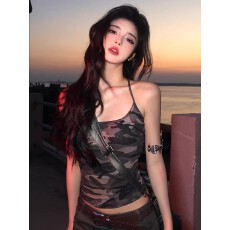 批发纯欲辣妹气质迷彩<b class='q'>吊带</b><b class='q'>背心</b>女夏季修身短款高级感露脐百搭休闲上衣