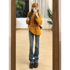 批发韩系慵懒松弛感气质巨好看复古橘色镂空罩衫长袖上衣针织衫女早秋