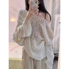 批发韩系杏色镂空斜肩一字领毛衣针织衫<b class='q'>女</b>春夏超好看单穿显瘦宽松上衣