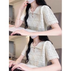 批发2026夏季新款钩花镂空polo领短袖针织衫<b class='q'>女</b>设计感小众正肩T恤上衣