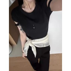 批发带胸垫 甜酷风手臂镂空设计短袖T恤女<b class='q'>春</b>季新款修身显瘦百搭上衣