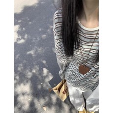批发慵懒风防晒罩<b class='q'>衫</b>女2026春季新款宽松韩系条纹薄款长袖t恤针织上衣