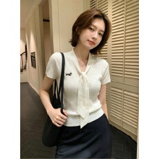 批发包芯纱 韩系<b class='q'>甜美</b>刺绣麻花绑带短袖针织衫女夏季修身显瘦正肩上衣