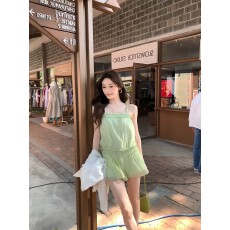 批发减龄少女感绿色吊带背心短裙子女夏季纯欲风收腰显瘦木耳边<b class='q'>连衣裙</b>
