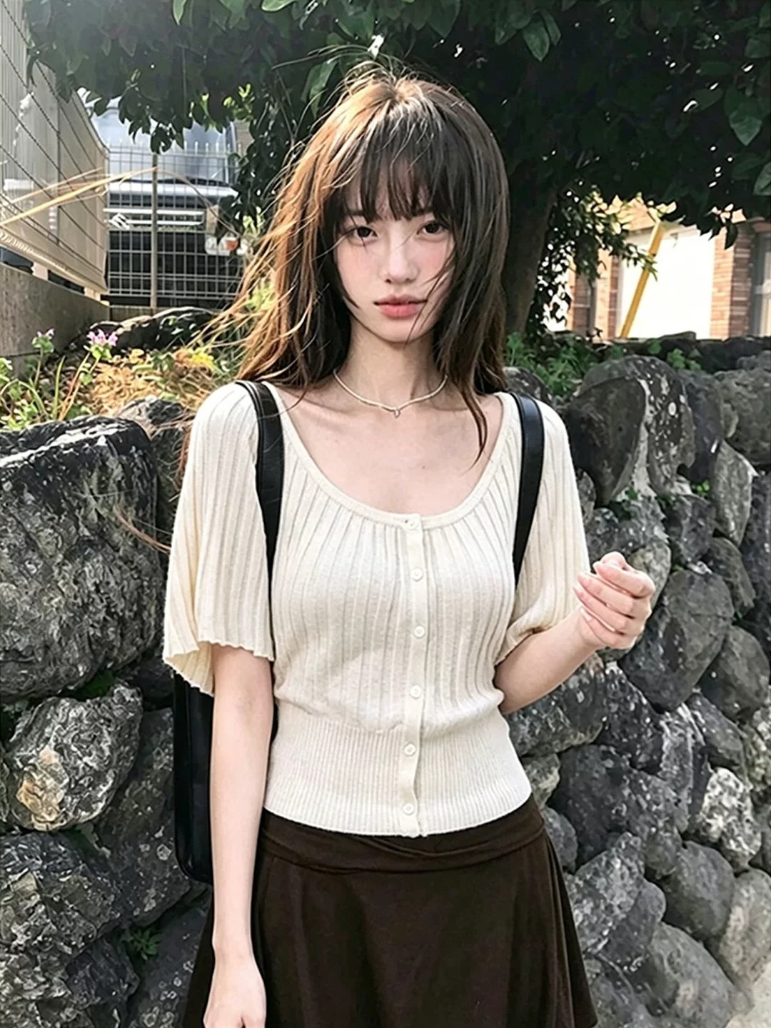6 양모 한 부서 장기 Pleat 라운드 넥 니트 오픈 가디건 여성 품격 허리 수축 반팔 티셔츠 캐주얼 배트윙 소매 켜기