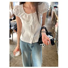 批发原版全棉好质量 夏季韩系甜美法式修身百搭泡泡袖衬衫短袖上衣女