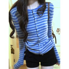批发<b class='q'>包</b><b class='q'>芯</b><b class='q'>丝</b> 韩系复古撞色条纹长袖针织开衫女秋季收腰修身慵懒感上衣