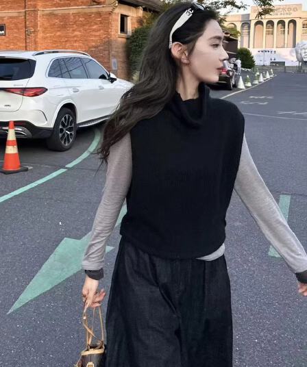 한 부서 검정색 터틀넥 스웨터 조끼 조끼 여자 가을 겨울 스택 착용 외부 가져 가라. 말뚝 더미 칼라 민소매 니트 어깨 맨위