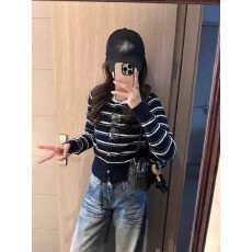 批发韩系撞色条纹针织开衫毛衣外套女秋冬新款小香风短款<b class='q'>修身</b>气质上衣