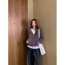 绵羊绒条纹连帽针织开衫女宽松休闲慵懒风长袖毛衣外套女百搭显瘦