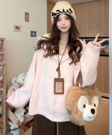 부드러운 느긋한 바람 핑크색 후드 지퍼 오픈 가디건 스웨터 여자 가을 겨울 두꺼운 루즈핏 다용도 니트 재킷 맨위