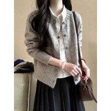 批发灰色圆领针织衫早秋装女款2026新款长袖烫钻肌理感小香风开衫<b class='q'>外套</b>