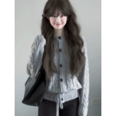 批发法式复古绞花纹针织<b class='q'>开衫</b>女秋季通勤百搭下摆系带学院风<b class='q'>马海毛</b>毛衣