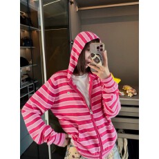 批发韩系火柴人彩色<b class='q'>条纹</b>连帽针织开衫女秋冬拉链休闲长袖外套潮
