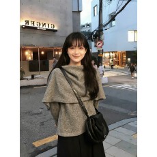 批发法式设计感灰色高领<b class='q'>假两件</b>斗篷披肩毛衣女慵懒风显瘦长袖针织<b class='q'>上衣</b>