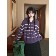 批发韩系复古条纹连帽毛衣外套女款秋冬宽松显瘦上衣<b class='q'>长袖</b><b class='q'>外</b><b class='q'>搭</b>针织<b class='q'>开衫</b>