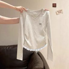 批发92棉8氨纶+蝴蝶结<b class='q'>刺绣</b>+后包<b class='q'>蕾丝</b>花边V领打底衫T恤女修身上衣