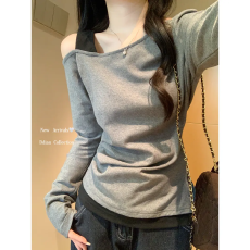 批发【92棉8氨纶】韩系气质撞色假两件露肩<b class='q'>短袖</b>T恤女秋新款掐腰上衣