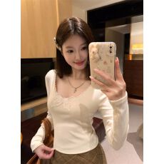 批发德绒面料 抖音天猫质量蝴蝶<b class='q'>T</b><b class='q'>恤</b>女秋冬蕾丝花边打底衫内搭短款