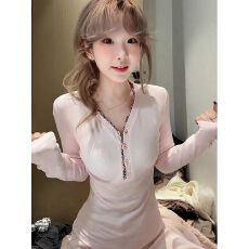 批发德绒1*1 美式复古v领纽扣<b class='q'>长袖</b><b class='q'>t</b><b class='q'>恤</b>女秋冬新款