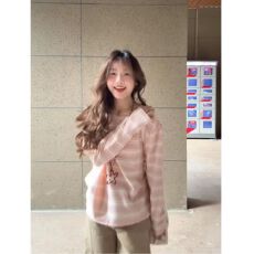 批发官图【现货+原版质量】慵懒风<b class='q'>夏</b>季罩衫粉色条纹宽松长袖T恤