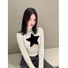 批发【官图 广州罗纹德绒270<b class='q'>克</b>1*1】半高领长袖T恤波点星星毛绒上衣