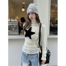 批发【官图 广州罗纹德绒270<b class='q'>克</b>1*1】半高领长袖T恤波点星星毛绒上衣