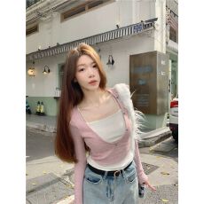 批发【原版面料】拼色假两件长袖t恤女修身辣妹内搭短款上衣