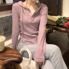 批发莫代尔260克长袖连帽套头长袖<b class='q'>t</b><b class='q'>恤</b>女慵懒设计感打底衫