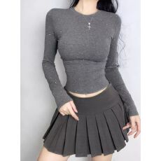 批发<b class='q'>莫代尔</b>260克烫钻圆领收腰显瘦长袖正肩<b class='q'>T</b><b class='q'>恤</b>女短款打底衫上衣