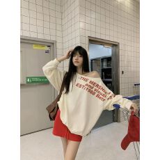 批发【华棉复合牛奶丝+银狐绒】字母印花斜肩<b class='q'>长袖</b><b class='q'>卫衣</b>套头上衣