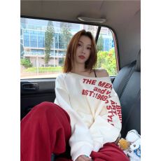 批发【华棉复合牛奶丝+银狐绒】字母印花斜肩<b class='q'>长袖</b><b class='q'>卫衣</b>套头上衣