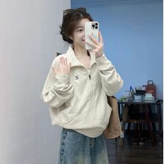 批发华棉复合立领<b class='q'>开衫</b><b class='q'>卫衣</b>外套女美式慵懒chic休闲夹克拉链上衣