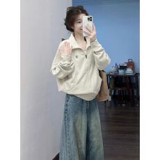 批发华棉复合立领<b class='q'>开衫</b><b class='q'>卫衣</b>外套女美式慵懒chic休闲夹克拉链上衣