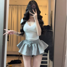 批发2026夏季新款纯欲风辣妹v领修身短款T恤上衣高腰蓬蓬半身裙