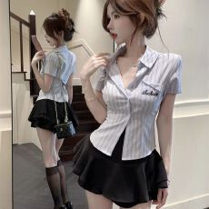 批发套装女夏季新款气质收腰显瘦条纹衬衫高腰半身裙两件套潮