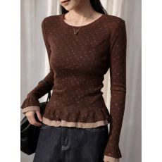 批发羊绒 复古咖色波点长袖<b class='q'>t</b><b class='q'>恤</b>设计感特别漂亮掐腰上衣2026春季款