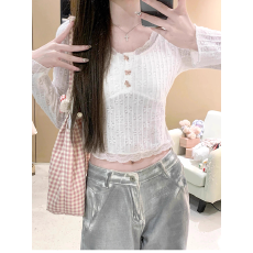 批发【官图 广州原版布料】蝴蝶结花边蕾丝打底衫<b class='q'>女</b>独特绝美T恤上衣