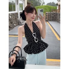 批发甜美风黑色波点挂脖V领背心<b class='q'>女装</b>夏季设计感小众修身别致绝美上衣