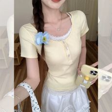 批发官图 随心裁莫代尔260克 1*1韩系蕾丝<b class='q'>短袖</b><b class='q'>t</b><b class='q'>恤</b><b class='q'>女</b>设计感上衣