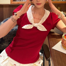 批发随心裁1*1 260g 红色波点<b class='q'>娃娃领</b>修身短袖<b class='q'>t</b><b class='q'>恤</b>女