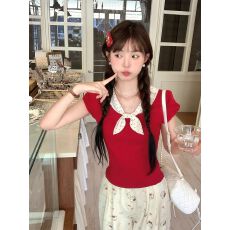 批发随心裁1*1 260g 红色波点<b class='q'>娃娃领</b>修身短袖<b class='q'>t</b><b class='q'>恤</b>女