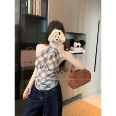 简约通勤印花吊带女2025夏季新款收腰显瘦挂脖格纹背心