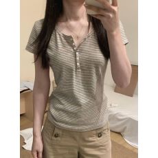 批发【酷丝螺纹】夏季韩系复古条纹纽扣U领短袖T恤女<b class='q'>修身</b>内搭上衣