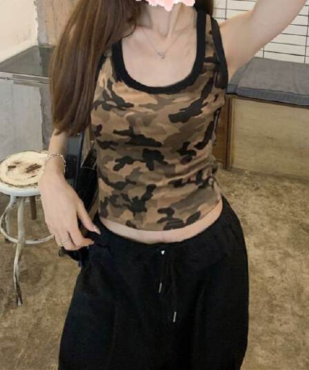 40 면 카모플라주 캐미솔 여름 새로운 몸매 가꾸기 슬림해 보이는 외출용 달콤한 차가운 고유 한 맨위 트렌디