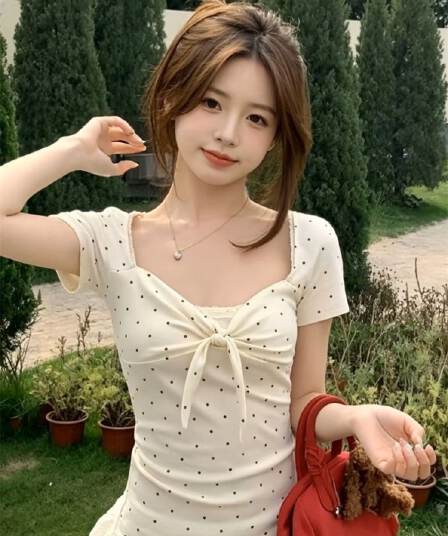 1 1 와 사고 방식 달콤함 도트 무늬 동점 벨트 측면 칼라 레이스 패치워크 반팔 맨위 여성 몸매 가꾸기 슬림해 보이는 연령 감소 맨위
