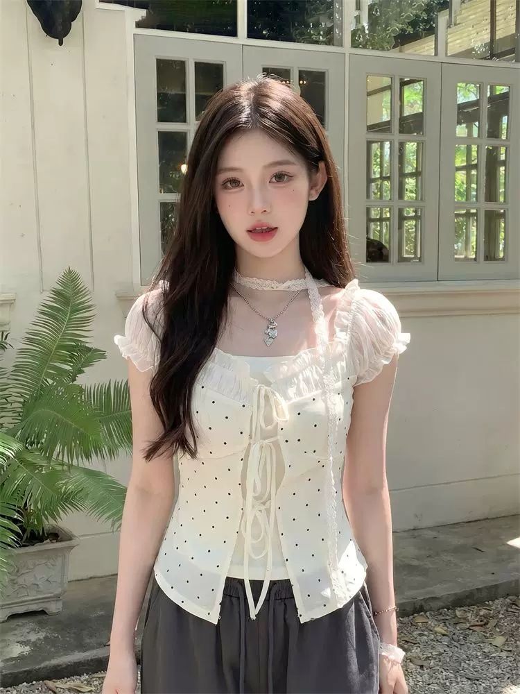 사람들 면 260 그램 주간 실크 기사 한 부서 부드러운 바람 페이크 레이어드 도트 무늬 거품 소매 티셔츠 여성 여름 반팔 맨위
