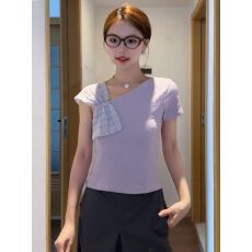 批发【原版皱皱棉面料】蝴蝶结斜肩短袖上衣女短款修身上衣
