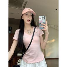 批发【40支精棉】V领镂空刺绣kitty猫短袖T恤女夏季辣妹修身显瘦上衣