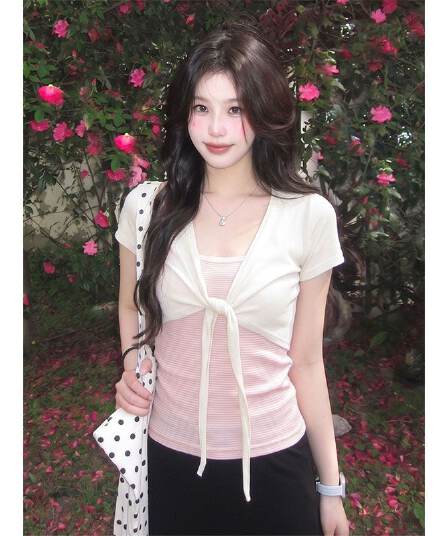 비밀 루트 리브 사람들 면 스트랩 반팔 오픈 가디건 여성 여름 몸매 가꾸기 스트라이프 캐미솔 투피스 세트 맨위